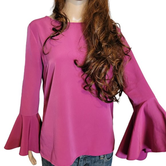 H by HALSTON Magenta Colored Bell Sleeve Tie-Back Blouse  Size SMALL - Picture 1 of 5